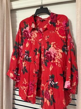 Red Floral Button Down Blouse | Romantic Feminine Flowy Top | Cottagecore Chic